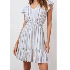 NEW RAILS Tara Montauk Linen Blend Mini Dress Striped White Blue Cottagecore XS